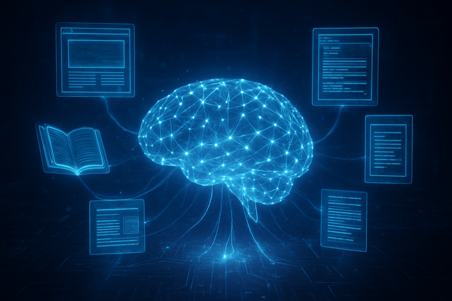 Create a realistic image of a large digital neural network visualization with interconnected glowing nodes and pathways representing AI training data, surrounded by floating holographic representations of various content sources including books, web pages, articles, and documents, with streams of light connecting these sources to a central AI brain structure, set against a dark technological background with subtle blue and purple lighting, showing the flow of information and learning process. Absolutely NO text should be in the scene.