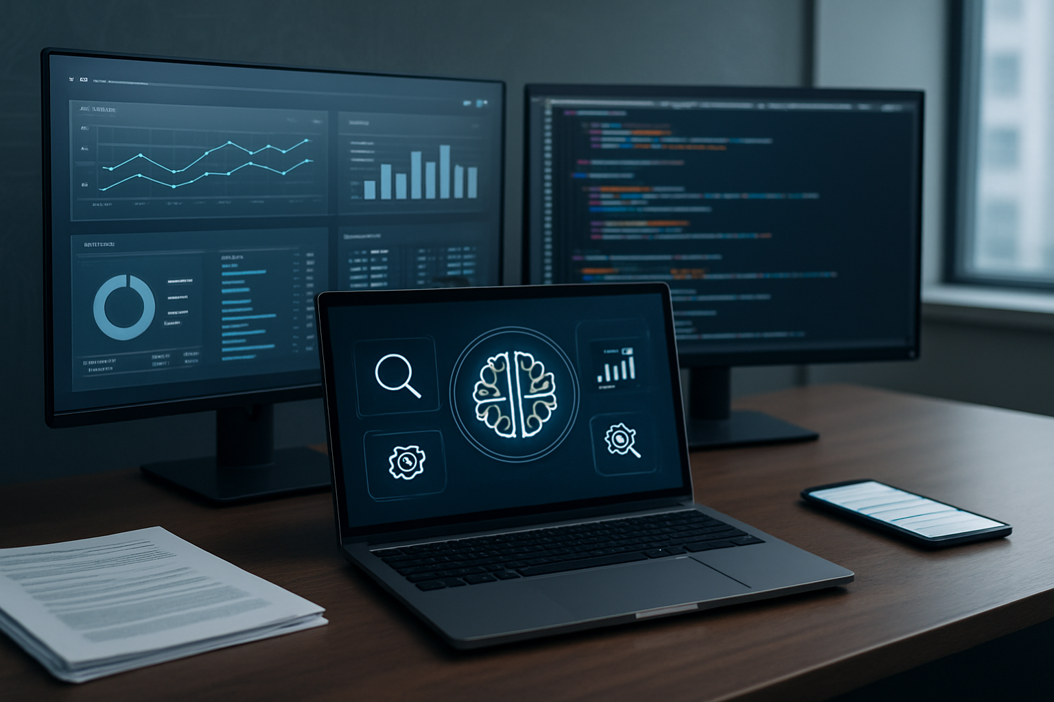 Create a realistic image of a modern computer workstation with multiple monitors displaying technical SEO dashboards, code snippets, and website analytics, featuring a sleek laptop with AI-related icons and search optimization tools visible on the screens, surrounded by technical documentation, a smartphone showing search results, and subtle circuit board patterns in the background, with clean professional lighting in a contemporary office environment, emphasizing the intersection of artificial intelligence and search engine optimization technology. Absolutely NO text should be in the scene.