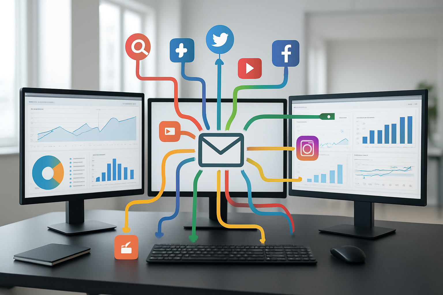 Create a realistic image of a modern digital marketing workspace showing multiple traffic source icons and pathways converging toward a central email list symbol, featuring a sleek desk with multiple computer monitors displaying various website analytics dashboards, social media platforms, and traffic flow charts, with colorful arrows and connection lines flowing from different digital channels like search engines, social media icons, and content platforms all pointing toward a central email inbox symbol, set in a bright contemporary office environment with clean lighting and a professional atmosphere, absolutely NO text should be in the scene.