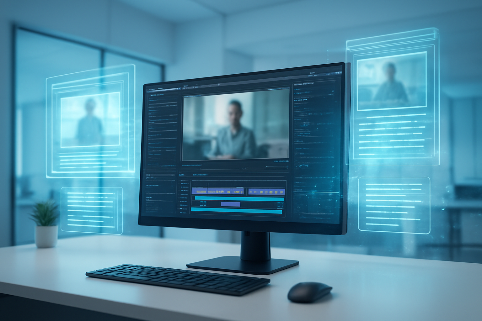 Create a realistic image of a modern digital workspace showing AI technology transforming video production, featuring a sleek computer monitor displaying a video editing interface with script elements and AI processing indicators, surrounded by futuristic holographic displays showing video frames and script text flowing seamlessly, set against a clean tech-forward office environment with soft blue and white lighting, conveying innovation and revolutionary change in content creation. Absolutely NO text should be in the scene.