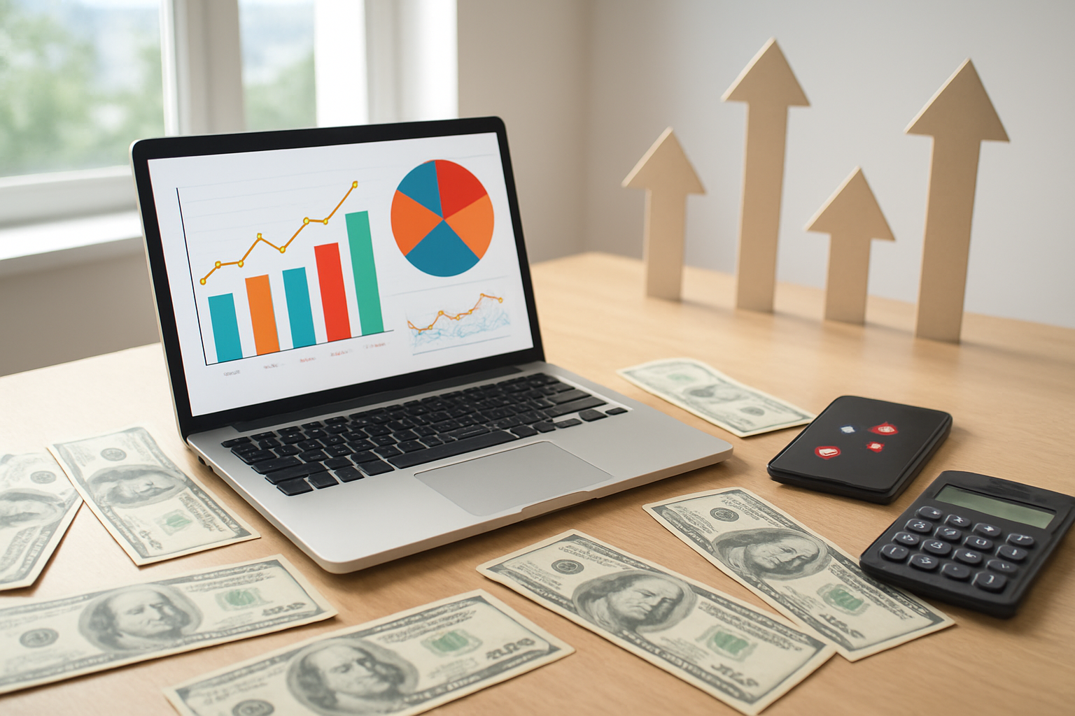 Create a realistic image of a modern office desk setup with a laptop displaying colorful upward trending graphs and analytics charts, multiple dollar bills scattered around the workspace, a smartphone showing notification badges, a calculator, and growth arrow symbols pointing upward in the background, with bright natural lighting from a window, conveying success and financial optimization, absolutely NO text should be in the scene.