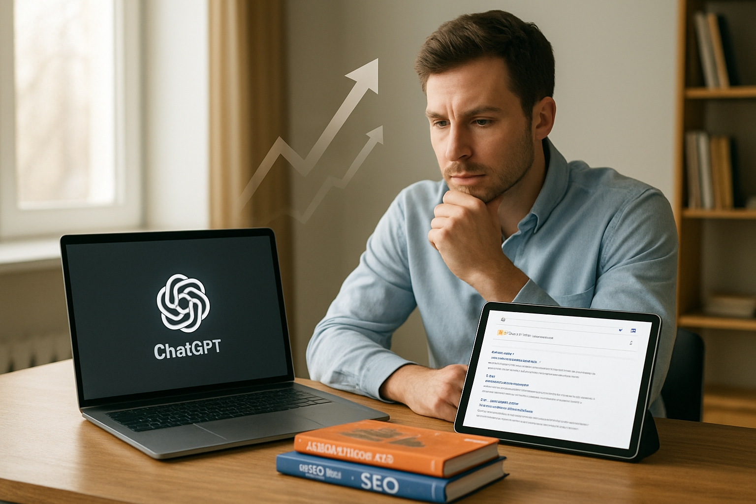 Create a realistic image of a modern office desk with a laptop computer displaying ChatGPT interface on the left side and a tablet showing Google search results on the right side, with a white male professional in business casual attire sitting behind the desk looking thoughtfully at both screens, surrounded by digital marketing books and SEO guides, with soft natural lighting from a window in the background creating a warm productive atmosphere, and subtle visual elements like rising arrow graphics floating above the devices suggesting growth and transition in search technology, absolutely NO text should be in the scene.