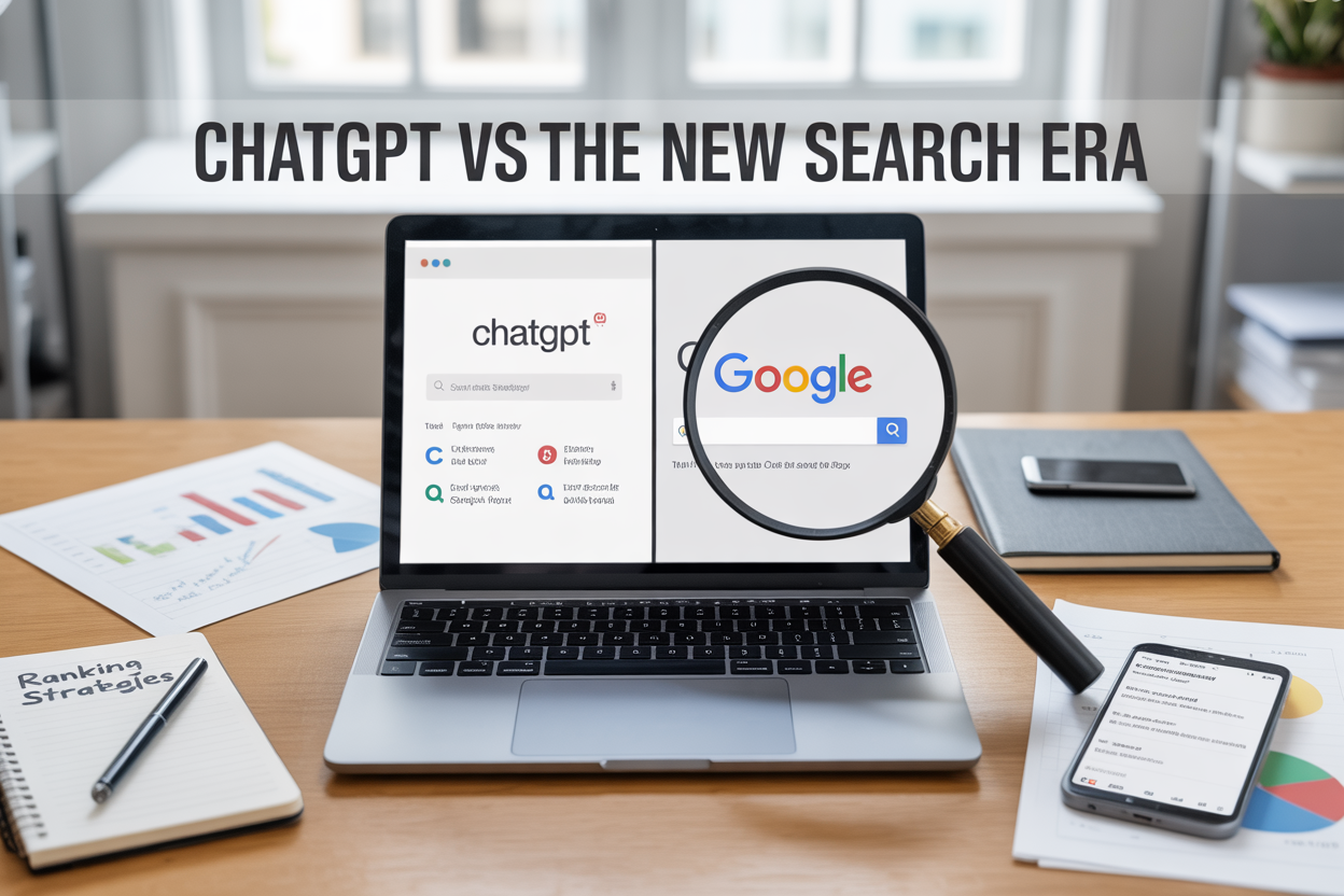 Create a realistic image of a modern office desk with a laptop computer displaying ChatGPT's interface on the left side of the screen and Google's search page on the right side in a split-screen view, with a magnifying glass positioned over the ChatGPT side suggesting it's gaining prominence, surrounded by SEO-related items like notebooks with "ranking strategies" written on them, a smartphone showing search results, and marketing charts in the background, all set against a clean white desk surface with soft natural lighting from a window, and include the text "ChatGPT vs Google: The New Search Era" prominently displayed across the top of the image.