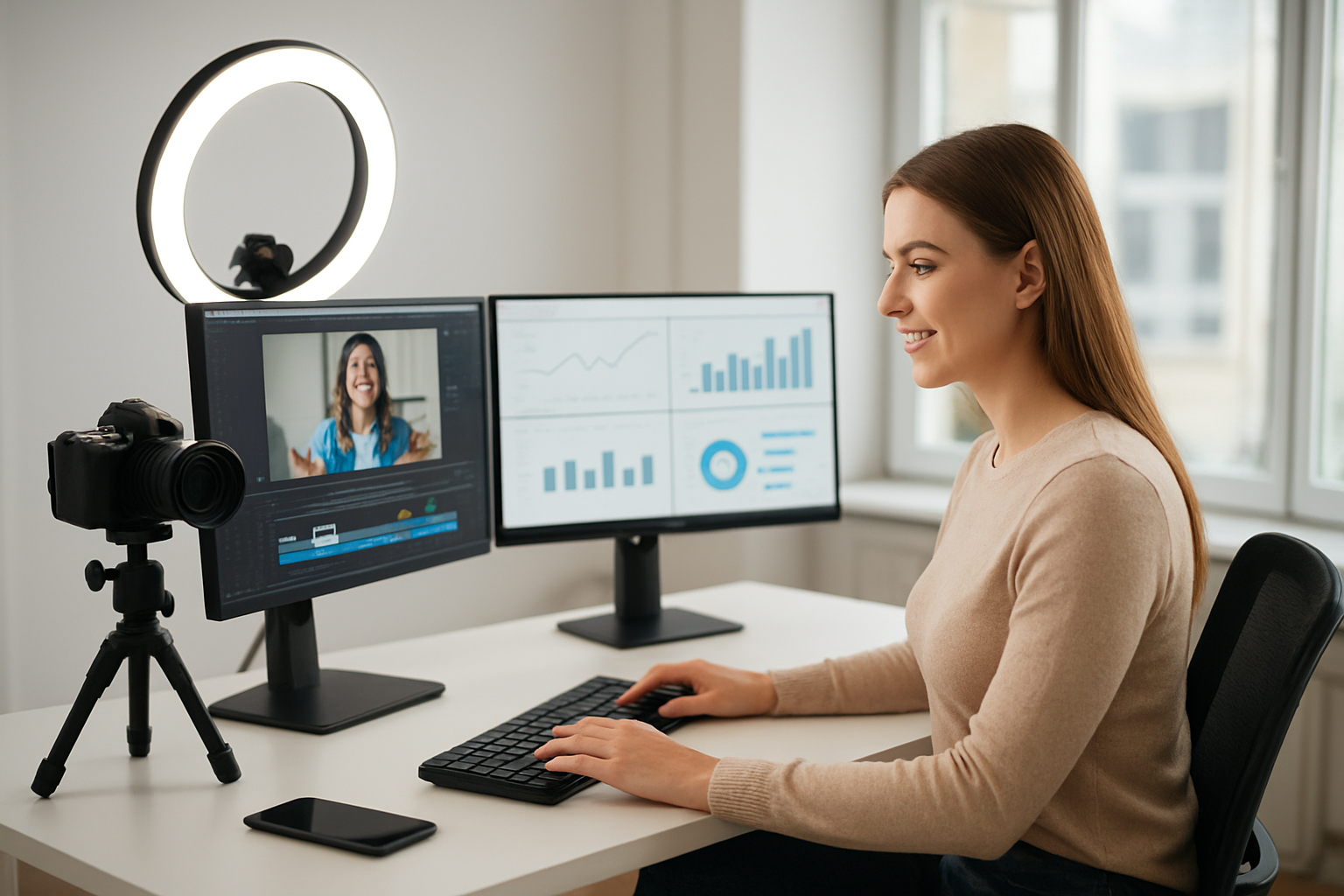 Create a realistic image of a modern office workspace showing a white female content creator sitting at a sleek desk with dual monitors displaying video editing software and analytics dashboards with engagement metrics, surrounded by professional lighting equipment including a ring light and camera setup, with charts and graphs visible on the screens showing upward trending engagement data, in a bright, contemporary office environment with natural lighting from large windows, conveying productivity and success in digital content creation, absolutely NO text should be in the scene.