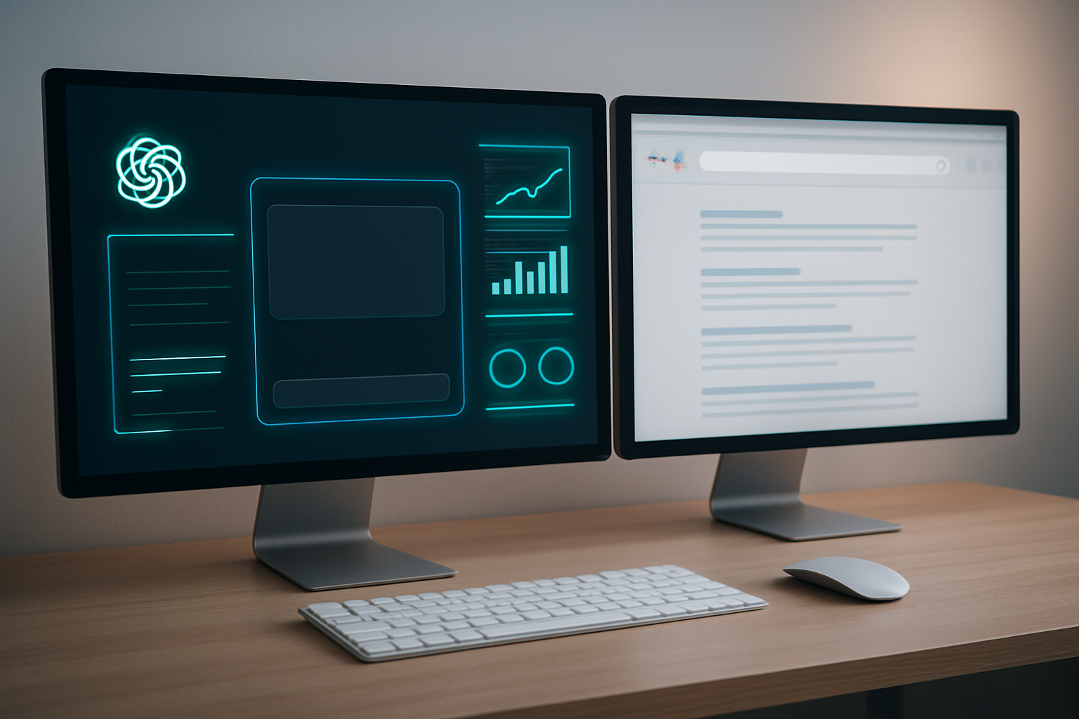 Create a realistic image of a modern split-screen comparison showing ChatGPT interface on one side with a sleek, advanced AI chat window displaying superior performance metrics and Google search results on the other side appearing outdated, with glowing blue and green digital elements highlighting ChatGPT's advantages, set against a clean tech workspace background with soft ambient lighting, absolutely NO text should be in the scene.