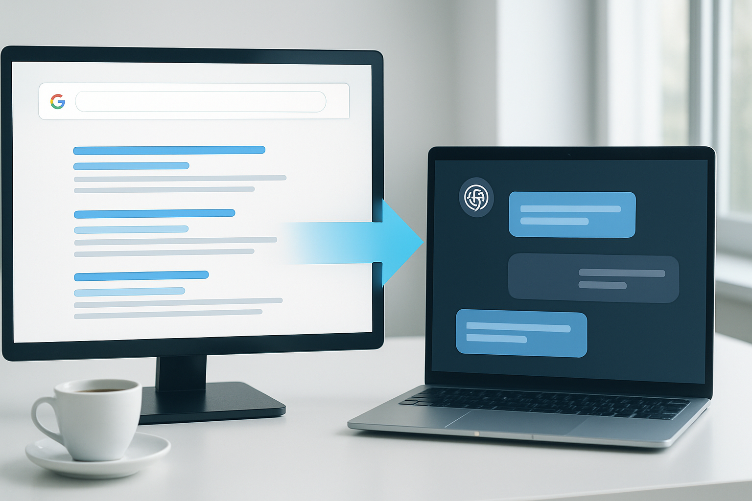 Create a realistic image of a modern split-screen composition showing the evolution from traditional search to AI chat, with the left side displaying a classic Google search interface on a computer screen with search results listings, and the right side showing a ChatGPT conversation interface with chat bubbles, both screens positioned on a clean white desk in a bright office environment with natural lighting from a window, including a coffee cup and notebook as desk accessories, with a subtle arrow or transition element connecting the two screens to represent the shift from traditional search to conversational AI, using a professional and tech-forward mood with blue and white color tones, absolutely NO text should be in the scene.