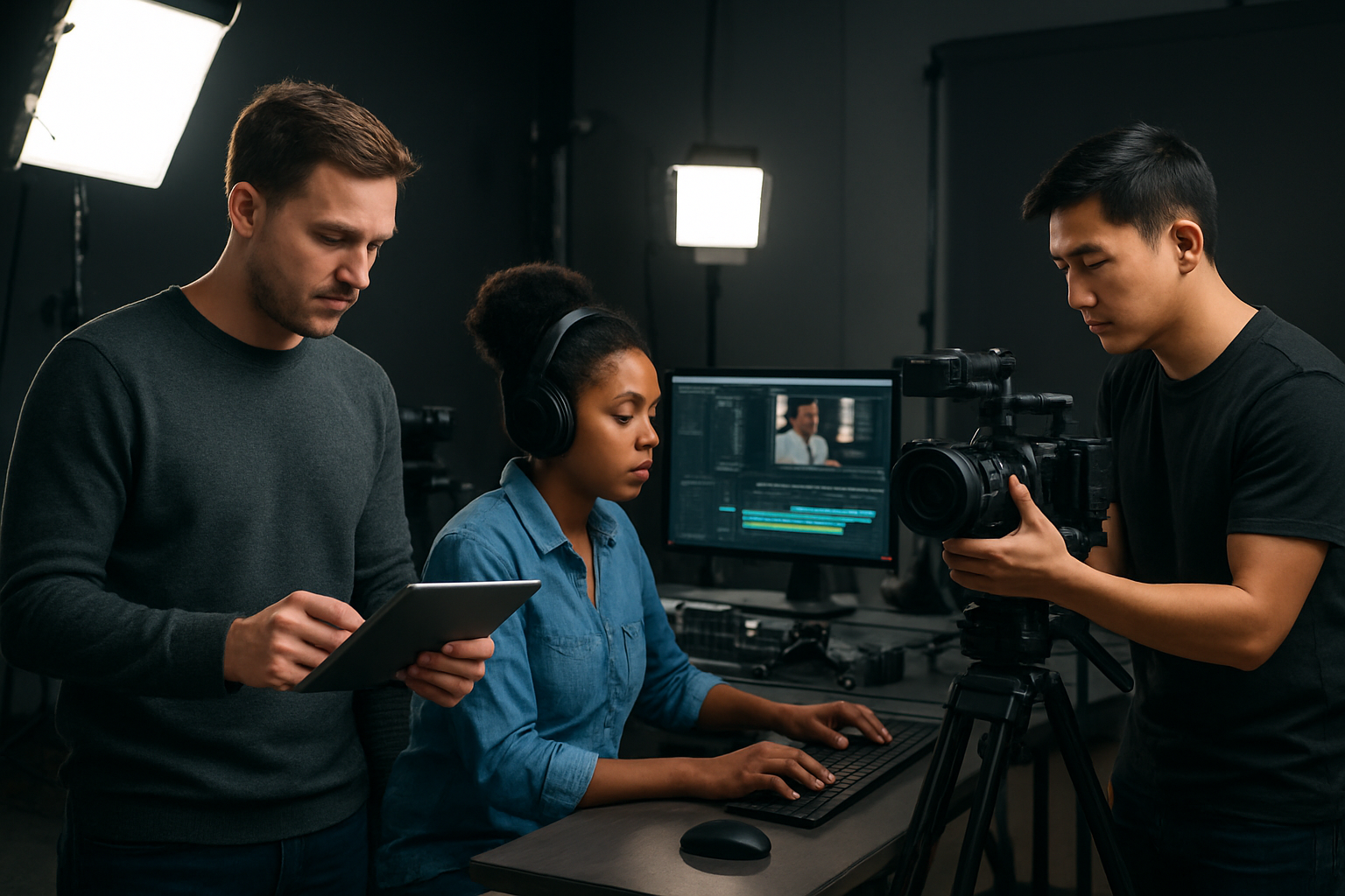 Create a realistic image of a modern video production studio with a diverse team of three professionals - a white male director reviewing AI-generated scripts on a tablet, a black female video editor working at a computer workstation with multiple monitors displaying video editing software, and an Asian male cinematographer adjusting a professional camera on a tripod, all collaborating in a well-lit studio environment with professional lighting equipment, cameras, and production tools in the background, conveying a productive and tech-savvy workflow atmosphere. Absolutely NO text should be in the scene.