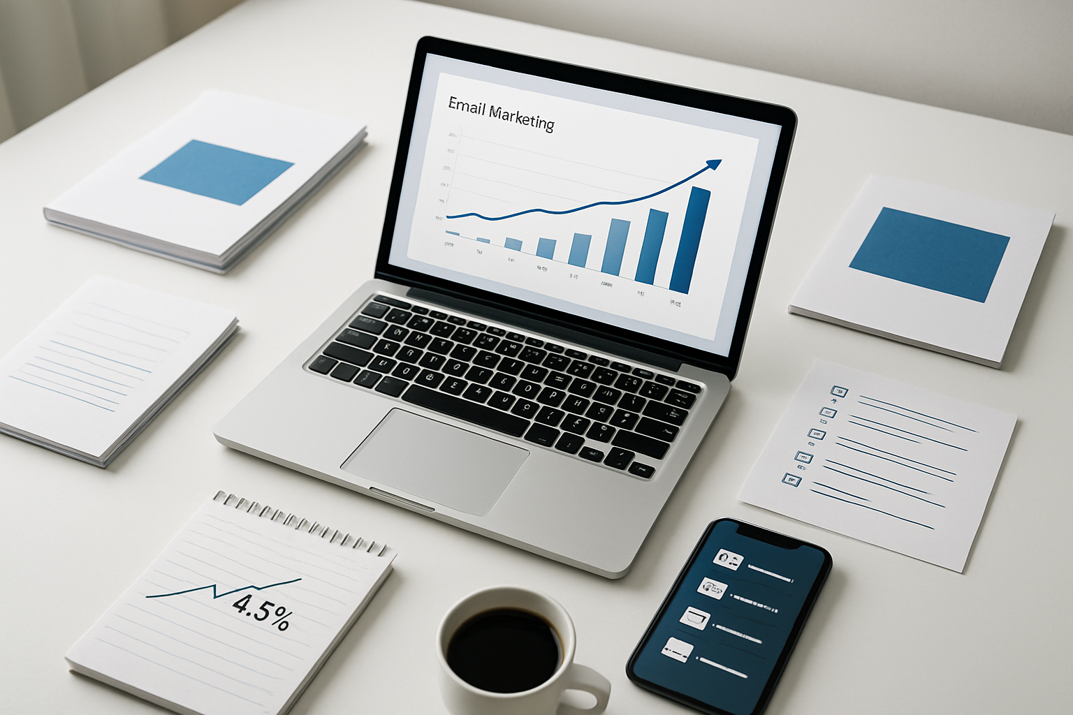 Create a realistic image of a modern workspace desk from above showing a laptop computer displaying email marketing analytics with growing subscriber numbers, surrounded by various lead magnet materials including printed ebooks, checklists, and guides, a smartphone showing email notifications, a notepad with conversion rate statistics, and a coffee cup, all arranged on a clean white desk surface with soft natural lighting from a window, creating a professional and successful business atmosphere, absolutely NO text should be in the scene.