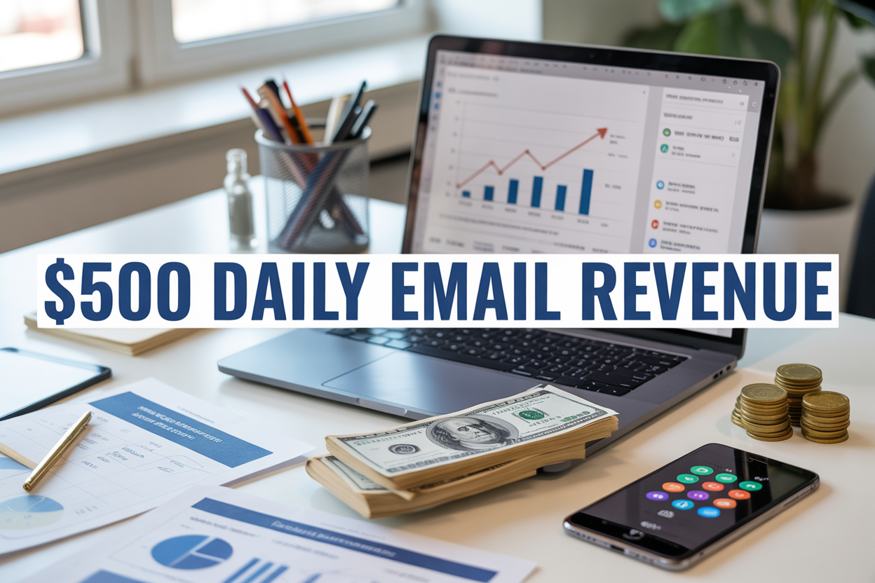 Create a realistic image of a modern workspace featuring a laptop displaying email marketing analytics with rising revenue graphs, surrounded by stacks of dollar bills and coins, a smartphone showing notification badges, and marketing materials scattered on a clean white desk, with soft natural lighting from a window, and the text "$500 Daily Email Revenue" prominently displayed in bold blue letters across the top of the image.