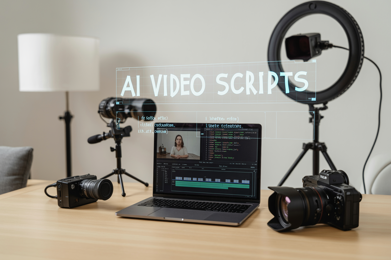 Create a realistic image of a modern workspace scene featuring a laptop computer displaying video editing software with AI script generation interface, surrounded by film equipment including a professional camera, ring light, and microphone, with floating holographic text elements showing "AI Video Scripts" and code snippets in the air above the setup, set against a clean minimalist background with soft professional lighting, conveying innovation and technological advancement in video content creation.