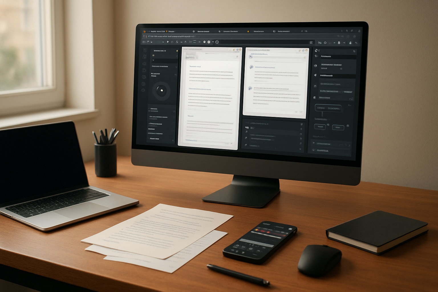 Create a realistic image of a modern workspace showing a computer screen displaying various AI software interfaces and video script creation tools, with multiple browser tabs open showing different AI platforms, a sleek laptop on a clean desk, scattered notes about video scripting, a smartphone displaying a video editing app, soft natural lighting from a window, professional and organized atmosphere, warm color tones, absolutely NO text should be in the scene.