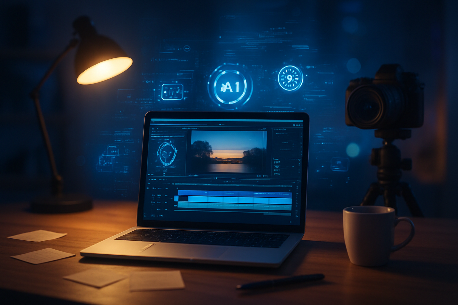 Create a realistic image of a modern workspace with a sleek laptop displaying video editing software interface, surrounded by floating holographic AI icons and digital script elements, a professional camera on a tripod positioned to the side, warm ambient lighting from a desk lamp creating a productive atmosphere, scattered notes and a coffee cup on the wooden desk surface, soft bokeh background with subtle blue and purple tech-inspired lighting, conveying innovation and completion of a creative project, absolutely NO text should be in the scene.