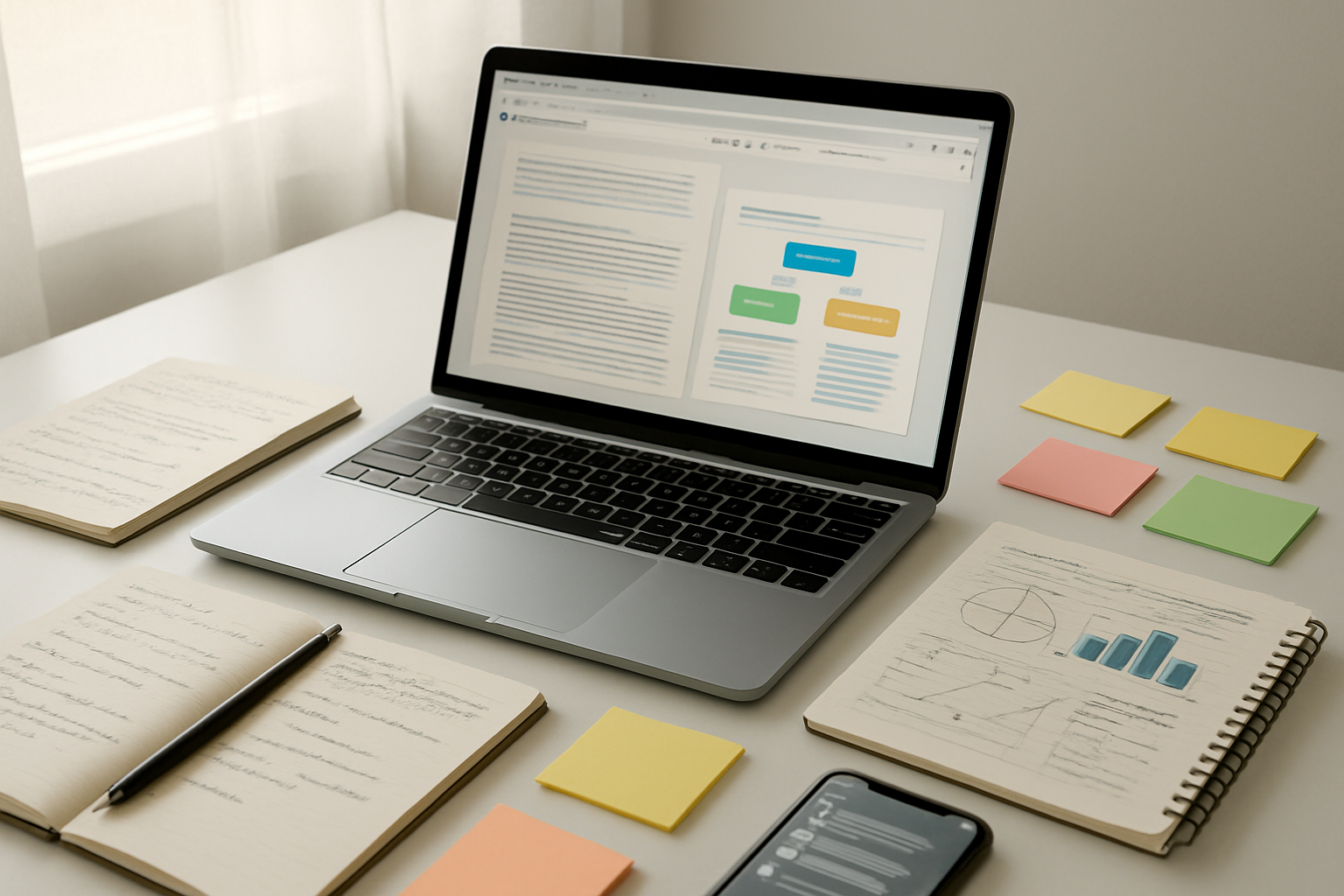 Create a realistic image of a modern workspace with a laptop computer displaying multiple browser tabs and documents, surrounded by strategic planning materials like notebooks with handwritten notes, colorful sticky notes, and charts showing content optimization workflows, with a smartphone nearby showing a ChatGPT interface, all arranged on a clean white desk with soft natural lighting from a window, creating a focused and productive atmosphere for digital content strategy work, absolutely NO text should be in the scene.