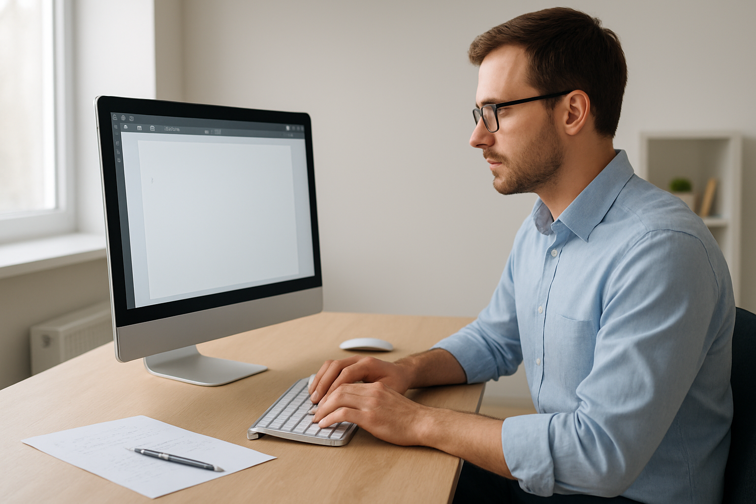 Create a realistic image of a modern workspace with a computer screen displaying a text editor interface with cursor blinking in an empty document, a white male professional in his 30s sitting at the desk with hands positioned over a sleek keyboard, scattered notes and a pen nearby, a clean minimalist office background with soft natural lighting from a window, conveying a focused and productive atmosphere of digital content creation, absolutely NO text should be in the scene.