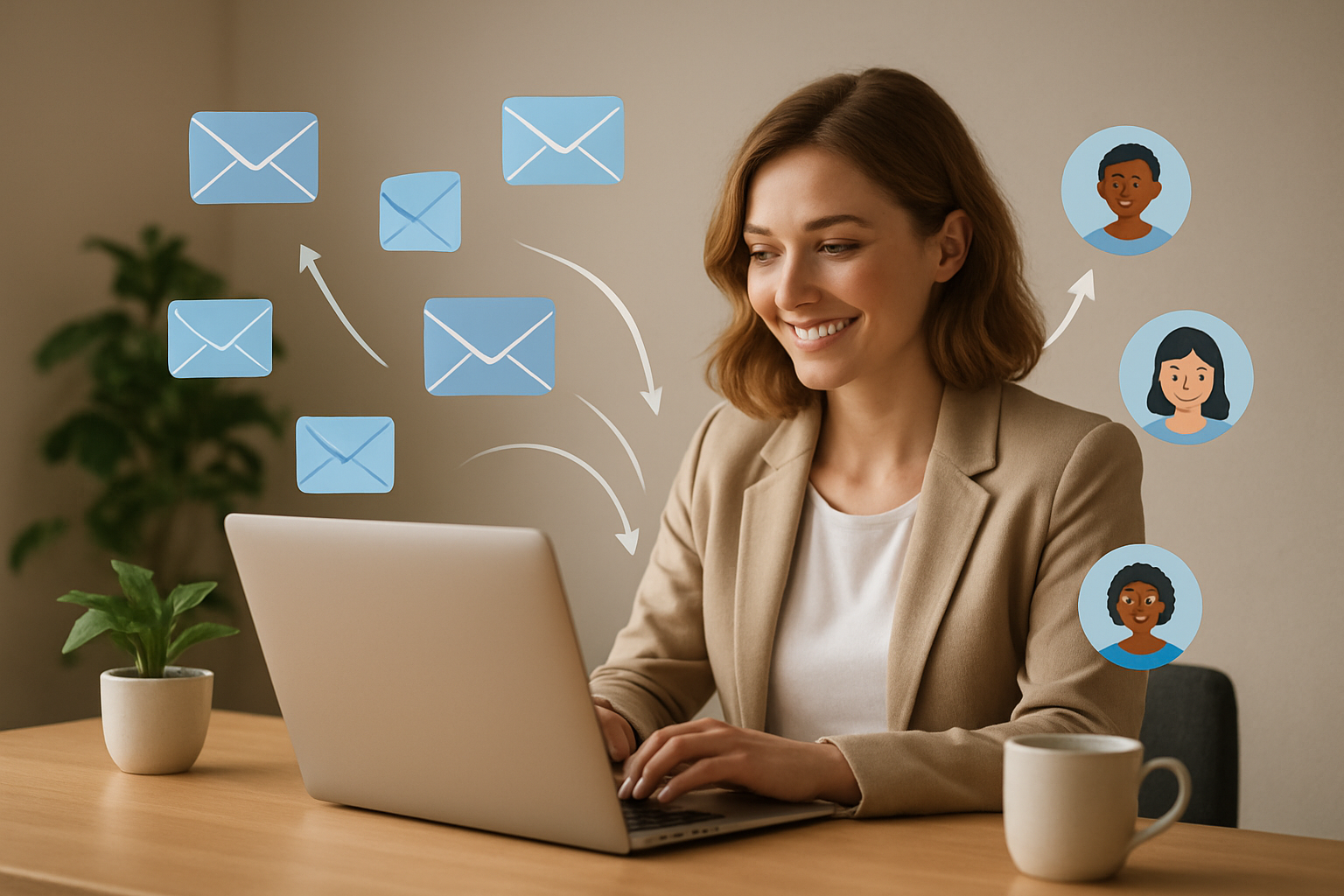 Create a realistic image of a professional white female marketer sitting at a modern desk with a laptop open, surrounded by floating email icons and envelopes in soft blue and white colors, with gentle arrows flowing from the laptop toward happy diverse subscribers represented by small profile avatars, warm office lighting creating a productive atmosphere, plants and coffee cup on desk, clean minimalist background with soft shadows, conveying growth and connection, absolutely NO text should be in the scene.