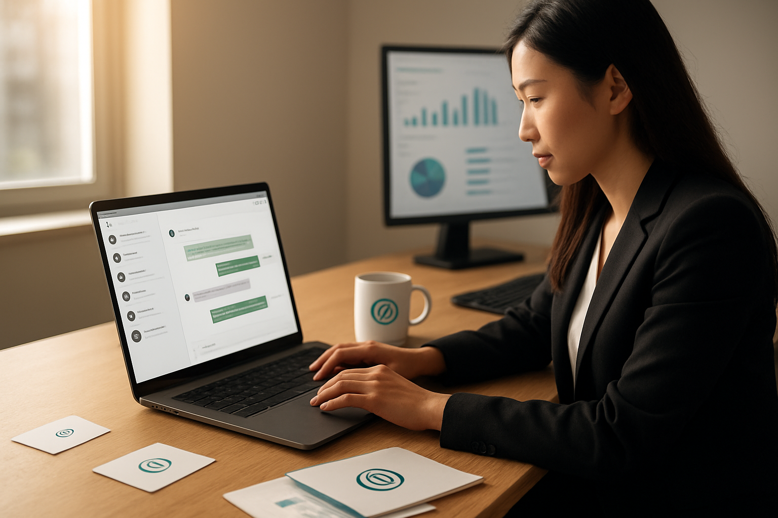 Create a realistic image of a sleek modern office desk setup with a laptop displaying a ChatGPT conversation interface on the screen, surrounded by subtle brand elements like business cards, a branded coffee mug, and marketing materials scattered naturally across the workspace, with a professional Asian female marketer in business attire working at the computer, warm natural lighting streaming through a nearby window creating a productive atmosphere, with digital marketing charts and analytics visible on a secondary monitor in the background, absolutely NO text should be in the scene.