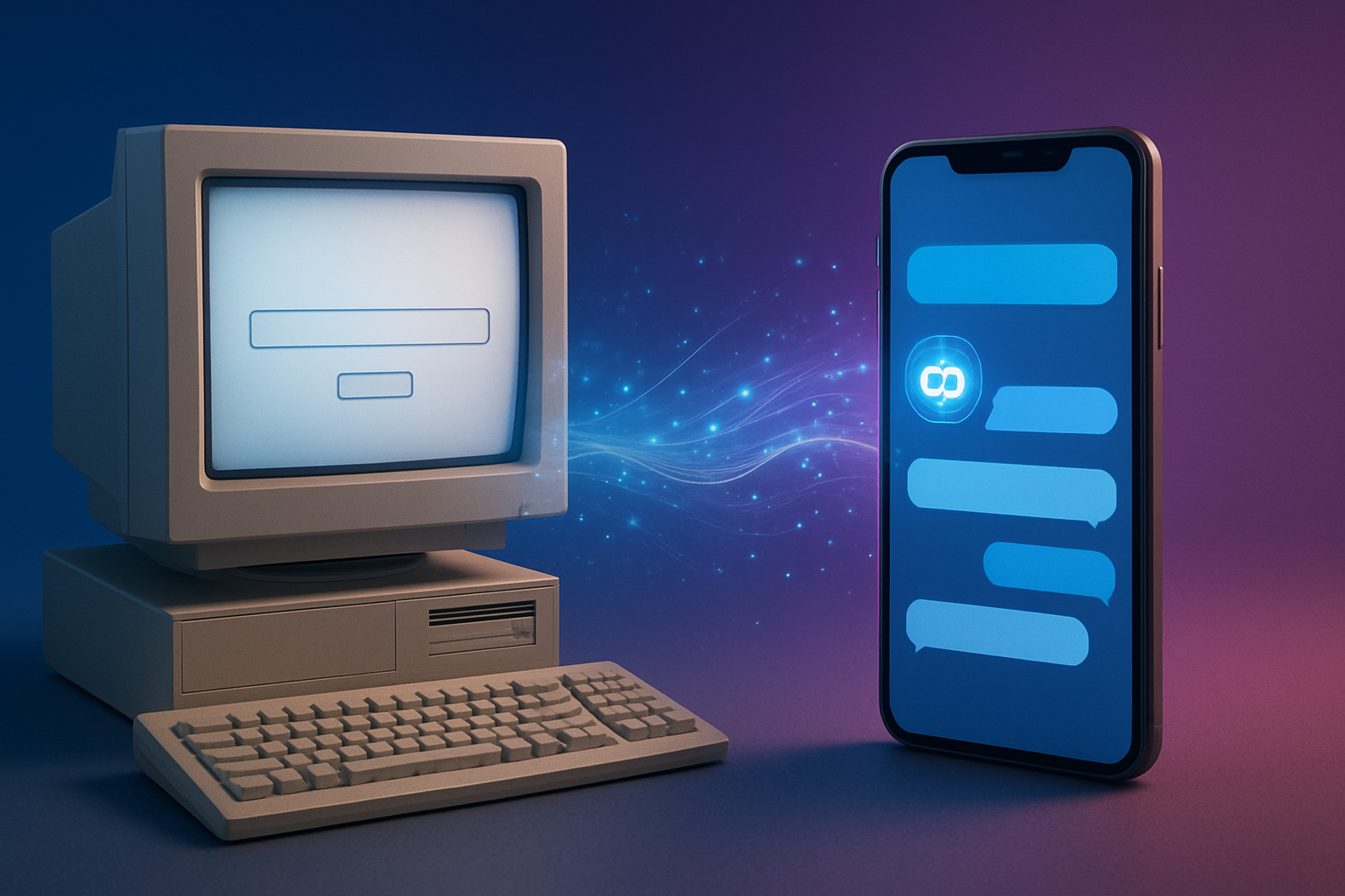Create a realistic image of a split-screen composition showing the evolution of search behavior, with the left side displaying a traditional desktop computer with a classic search engine interface and the right side showing a modern smartphone with a conversational AI chat interface, connected by flowing digital transition elements like glowing particles and data streams, set against a gradient background transitioning from blue to purple, with soft ambient lighting emphasizing the technological transformation, absolutely NO text should be in the scene.
