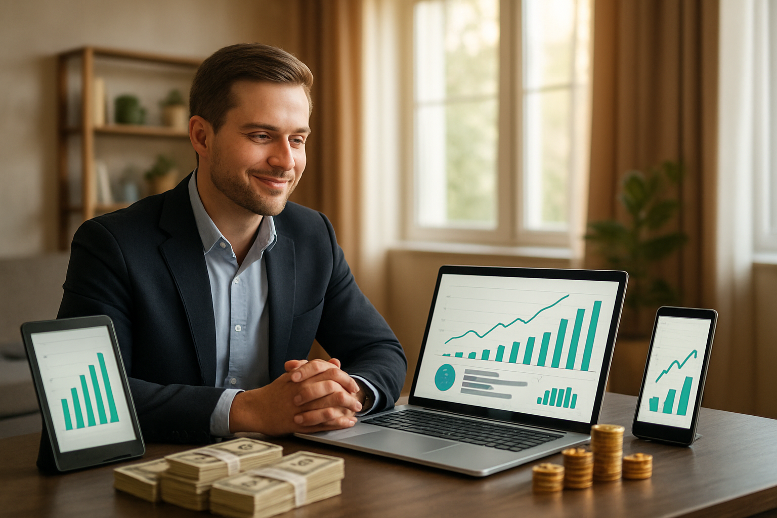 Create a realistic image of a successful white male entrepreneur sitting at a modern desk with a laptop displaying email analytics and revenue charts, surrounded by multiple devices showing growing subscriber numbers, with stacks of money and gold coins nearby representing daily earnings, a comfortable home office background with large windows showing daylight, warm and optimistic lighting creating a sense of achievement and financial success, the person has a satisfied expression while reviewing email marketing results, absolutely NO text should be in the scene.