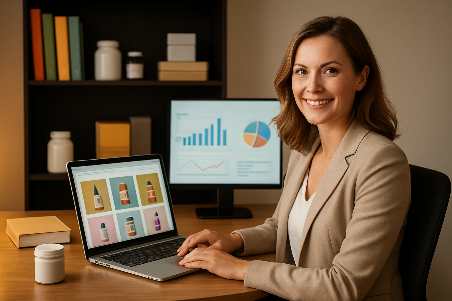 Create a realistic image of a white female entrepreneur sitting at a modern desk with a laptop open, showing colorful product images on the screen, surrounded by various physical products like books, supplements, and digital course materials arranged strategically on shelves behind her, with email marketing charts and graphs displayed on a secondary monitor, warm office lighting creating a professional atmosphere, conveying success and strategic business planning, absolutely NO text should be in the scene.