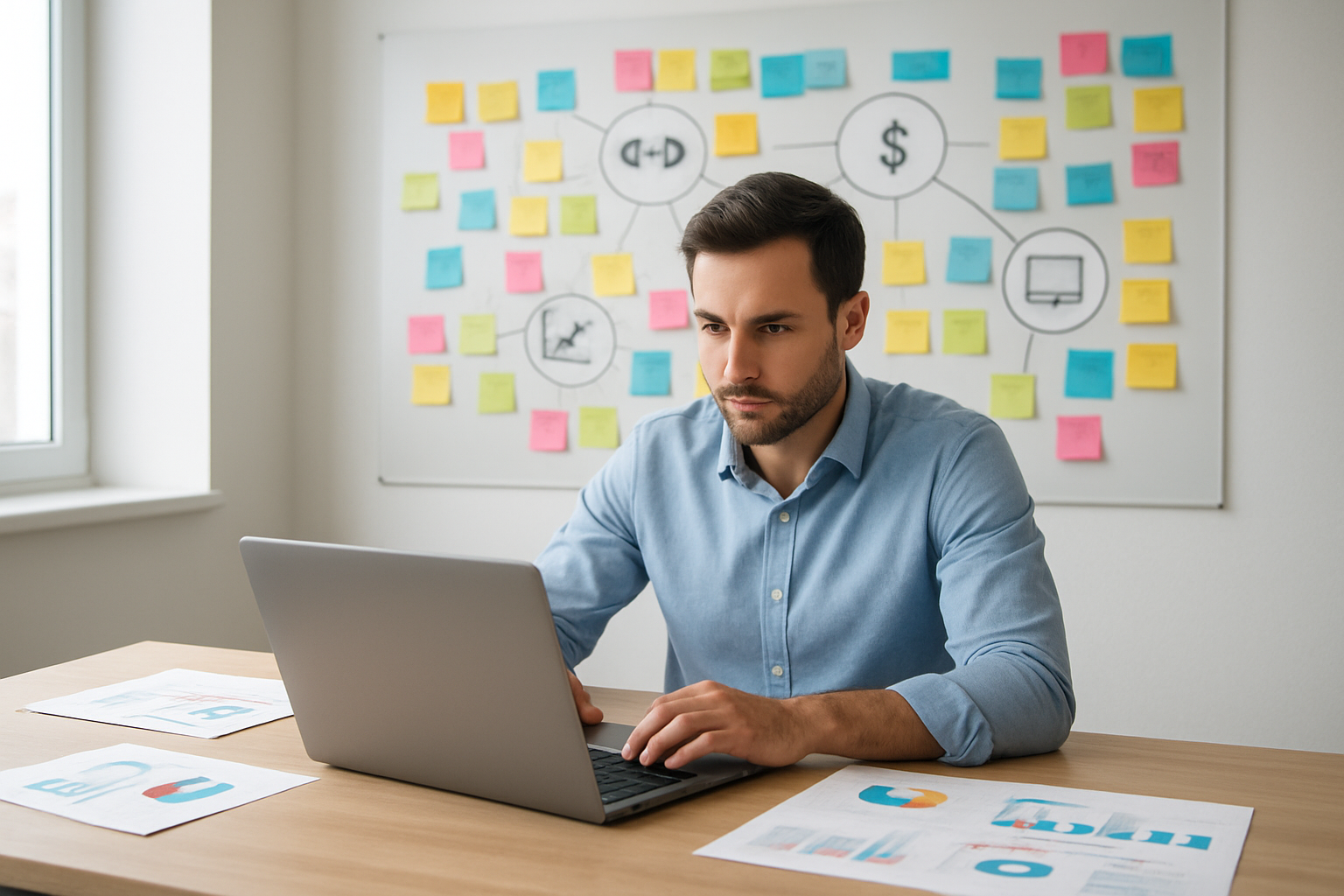Create a realistic image of a white male entrepreneur in his 30s sitting at a modern desk with a laptop, surrounded by multiple colorful sticky notes and mind maps on a wall behind him showing different market segments like fitness, finance, and technology, with charts and graphs displaying target audience demographics spread across the desk, in a bright contemporary office space with natural lighting from a window, conveying focused strategic planning and market research activity, absolutely NO text should be in the scene.